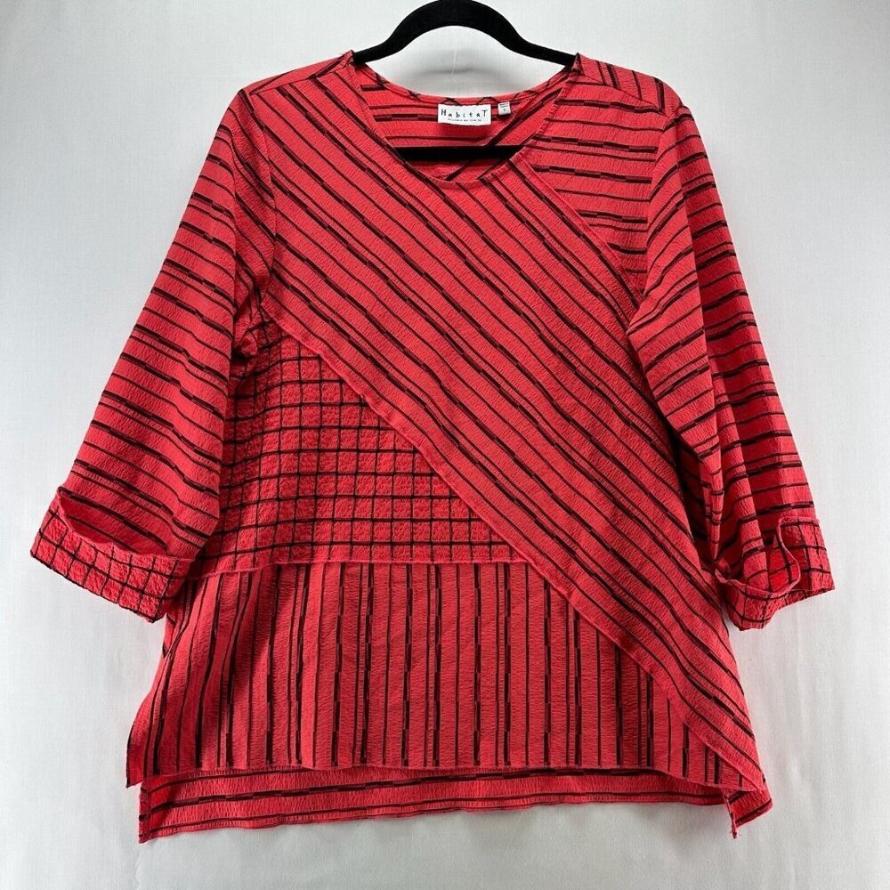 Habitat Top Womens Sz S Striped Patchwork Tunic 3/4 Sleeve Rayon Blend Red